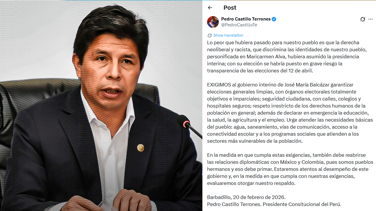 Pedro Castillo reaparece desde Barbadillo y condiciona su respaldo al gobierno de Balcázar